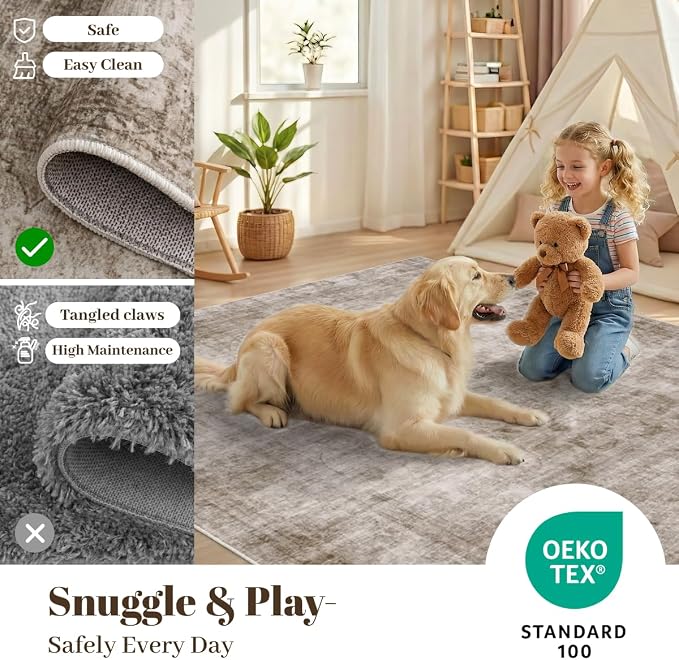 Homemate Washable Rug 8x10 Area Rugs - Vintage Faux Wool Rugs for Living Room Bedroom Dining Room - Non Slip Foldable Carpet Indoor Area Rug for Home Decor（8'x10', Brown