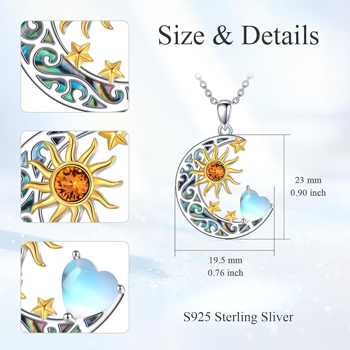 AOBOCO 925 Sterling Silver Sun and Moon Star Pendant Necklace with Simulated Birthstone, Birthday Christmas Jewelry Gift for Women Teen Girls