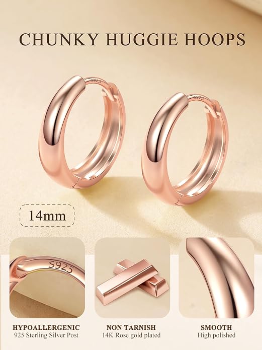 Bestyle Gold Huggies Earrings for Women Hypoallergenic 925 Sterling Silver Post Huggie Hoop Earrings Thick Lightweight Small Hoop Earrings 8/10/12/14mm