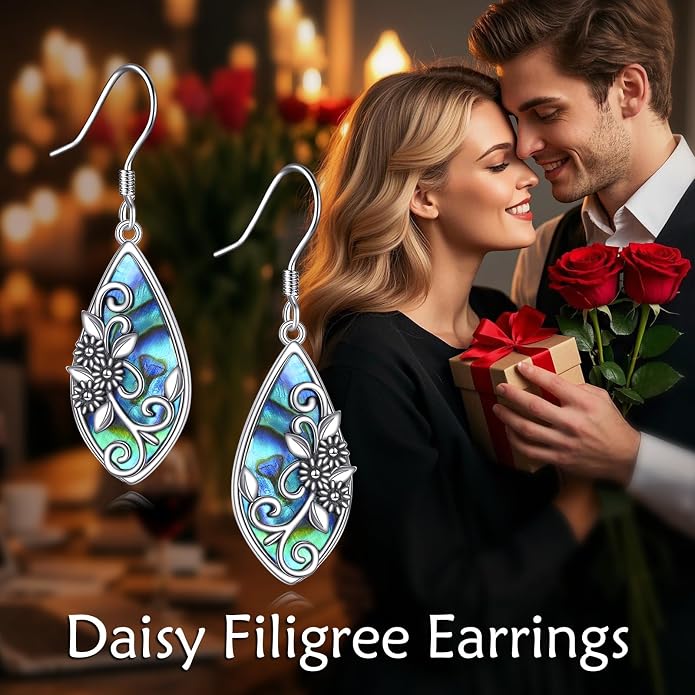 Daisy Filigree Earrings Sterling Silver Daisy Teardrop Earrings Abalone Bohemia Jewelry Gift for Women