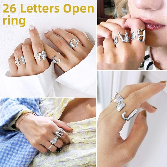 KeyStyle Bold Initial Letter Rings Adjustable, GoldChic Jewelry Women Gold Statement Ring Personalized Engraved Women’s Open Signet Ring for Party (Gold, White Gold, Black)
