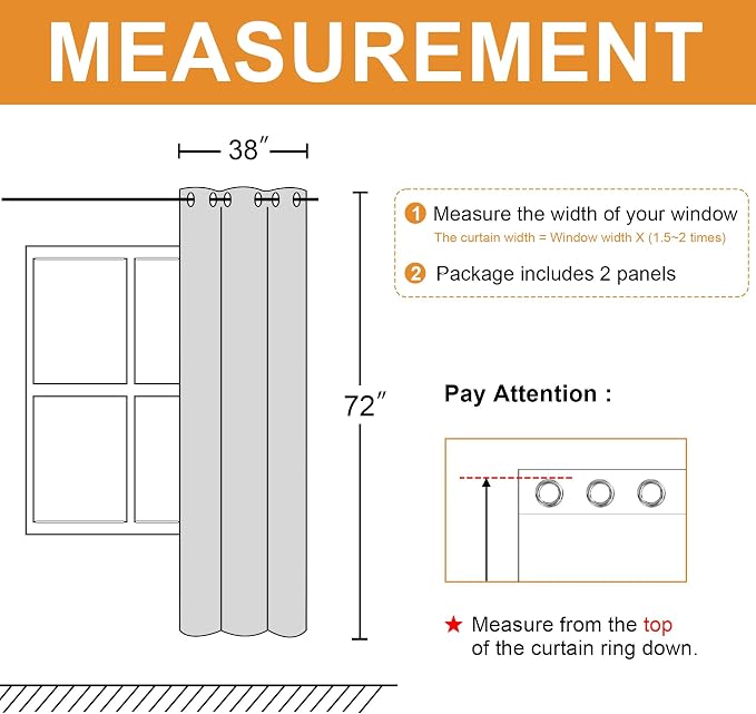 Hiasan Room Darkening Curtains for Bedroom, Noise Reducing, Energy Saving Blackout Window Curtain Panels, Sewn with Tiebacks, Set of 2, Grommet Top (Greyish White, Width 38 Inch x Length 72 Inch)