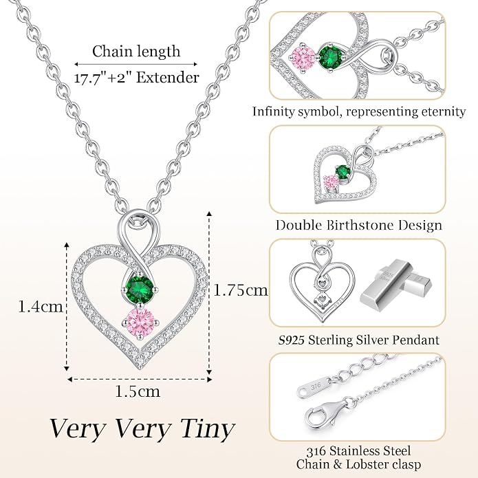 LOUISA SECRET Double Birthstone Necklaces for Women, 925 Sterling Silver Infinity Love Heart Pendant Necklace for Her, Birthday Anniversary Valentine's Day, Christmas, Wedding, Graduation Gift for Her, Personalized Gifts, Jewelry Gifts for Wife Mom Gir...