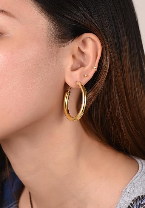 Stainless Steel Chunky Hoop Earrings For Women, Minimalist and Chic, Black/Gold Plated, Round Hoops Earrings Hypoallergenic, Size: 30mm/40mm/60mm/80mm, Come with Box