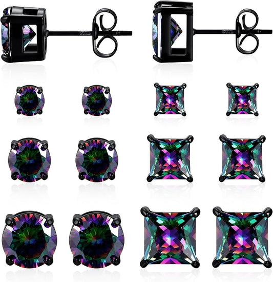 MDFUN 6 Pairs Stud Earrings Set 3mm/5mm/7mm Princess & Round Cubic Zirconia Earrings Hypoallergenic 316L Surgical Stainless Steel CZ Earrings for Women Men