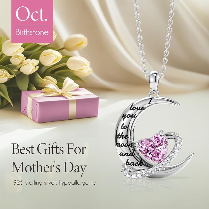 Distance I Love You to The Moon and Back Necklace for Women, S925 Sterling Silver Forever Love Heart Birthstone Necklace, Anniversary Birthday Jewelry for Wife Lover