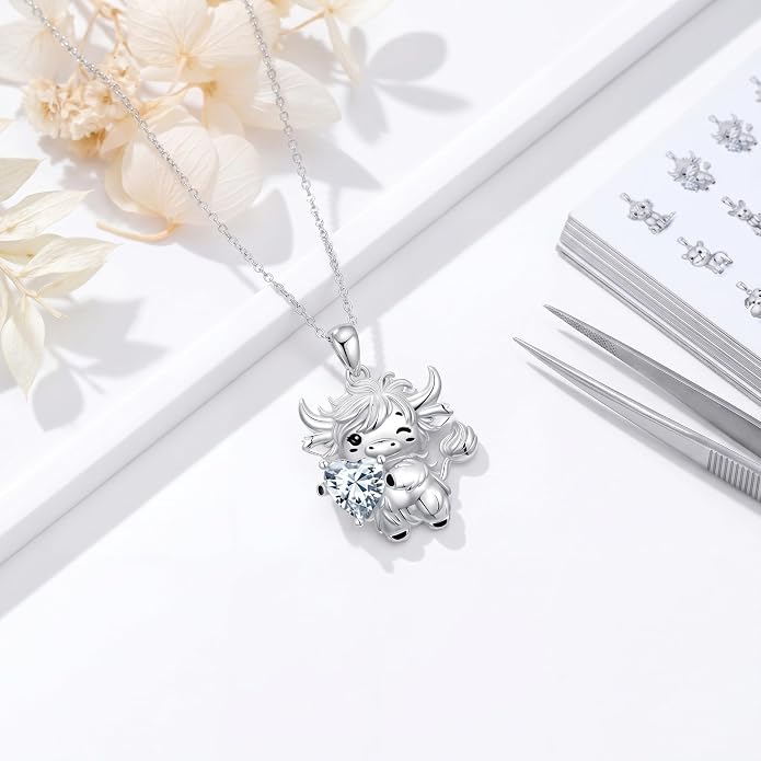 PELOVNY Teddy Bear Necklace for Women 925 Sterling Silver Bear/Highland Cow/Fox/Cat/Axolotl Birthstone Necklace Christmas Birthday Jewelry Gifts for Mom Daughter Wife Sister