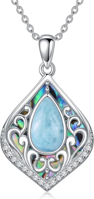 HPQQ Filigree Gemstone Necklace 925 Sterling Silver Teardrop Bohemian Necklace Abalone Shell Jewelry Birthday Gifts for Women