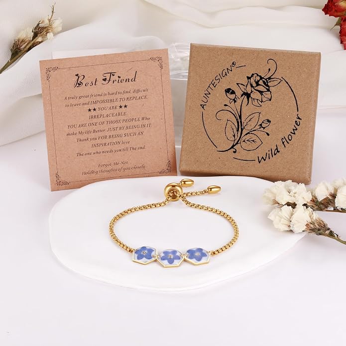 AUNTESIGN Forget-Me-Not Pressed Wildflower Bracelet | Pressed Flower Bracelet | Gold/Silver Pressed Flower Jewelry | Personalized Handmade Jewelry | Gift For Women