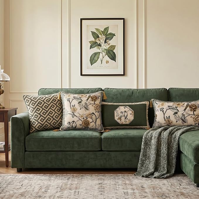 ISAENNE Vintage Elegant Linen Rectangle Throw Pillow Cover,20"x12"-Murad E | Designer French Green Pillow Cover,Concealed Zipper Design,Floral and Bird Pattern,Sofa,Bedroom,Living Room,Lounge Chairs