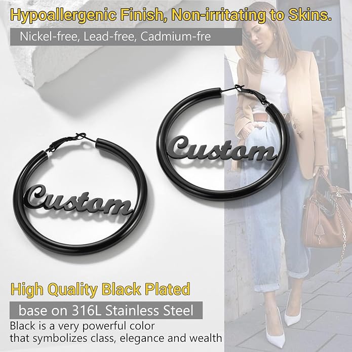 Stainless Steel Chunky Hoop Earrings For Women, Minimalist and Chic, Black/Gold Plated, Round Hoops Earrings Hypoallergenic, Size: 30mm/40mm/60mm/80mm, Come with Box