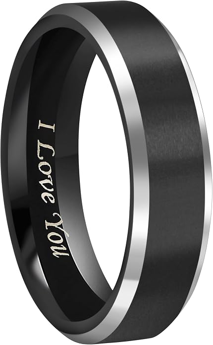 CROWNAL 4mm 6mm 8mm Black Tungsten Couple Wedding Bands Rings Men Women Polished Beveled Edges Matte Brushed Finish Engraved I Love You Size 3.5 To 17