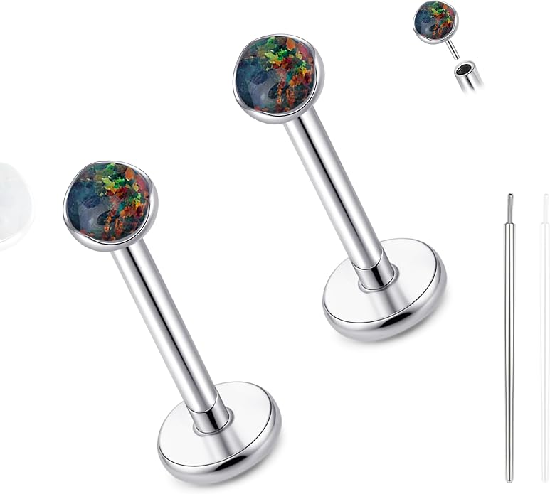 limerencia 18G Hypoallergenic Titanium Opal Threadless Nose Stud Earrings, 2PC Flat Back Push in Stud Earrings Labret Medusa Monroe Helix Cartilage Tragus Conch Piercing Jewelry for Women Men