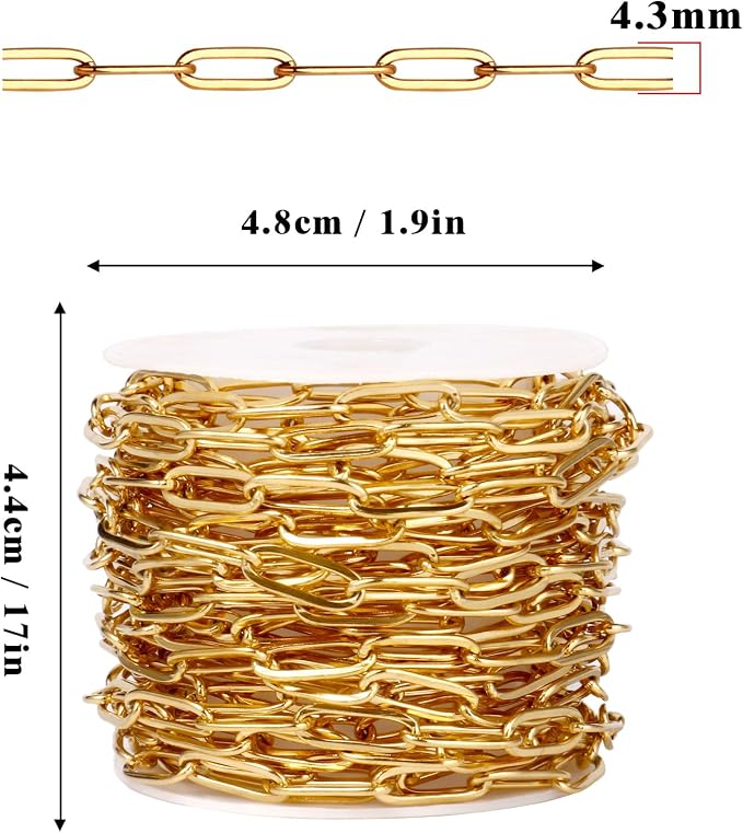[16.5 Ft] Stainless Steel Paperclip Chains Roll, 4.3mm Width 18K Gold PVD Plated Stainless Steel Oval Link Chains Spool Bulk for Jewelry Making