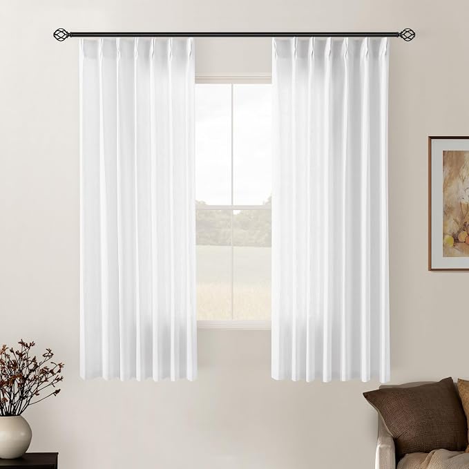 Snow White Pinch Pleated Linen Semi Sheer Curtains 54 Inch Length 2 Panels | for Dining Room Bedroom, Memory Training Shaped, Pinch Pleat Drapes with Hooks Rings, Light Filtering Window Curtain 40x54
