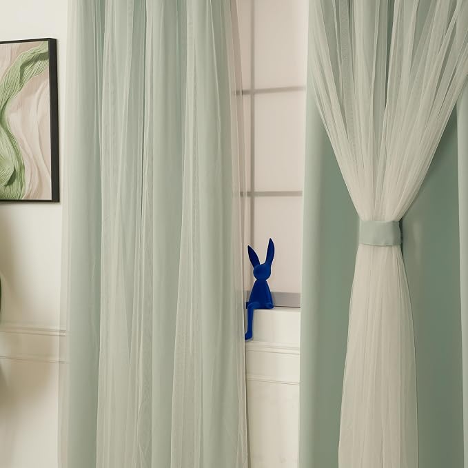 INLINAS Mint Blackout Curtains with Sheer Overlay - Grommet Top Thermal and Noise Reduction Panels for Bedroom and Living Room Light Blocking and Energy Saving, 37 x 63 Inches, Set of 2
