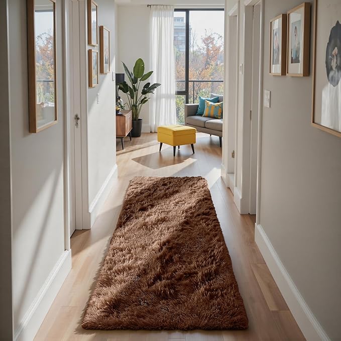 Soft Runner Rugs for Bedroom, Brown 3x7 Area Rugs Fluffy Rug Shag Area Rug Carpet, Bedside Rug for Living Room Bedroom Room Home Decor