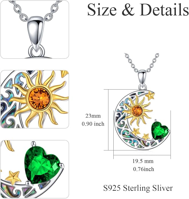 AOBOCO 925 Sterling Silver Sun and Moon Star Pendant Necklace with Simulated Birthstone, Birthday Christmas Jewelry Gift for Women Teen Girls