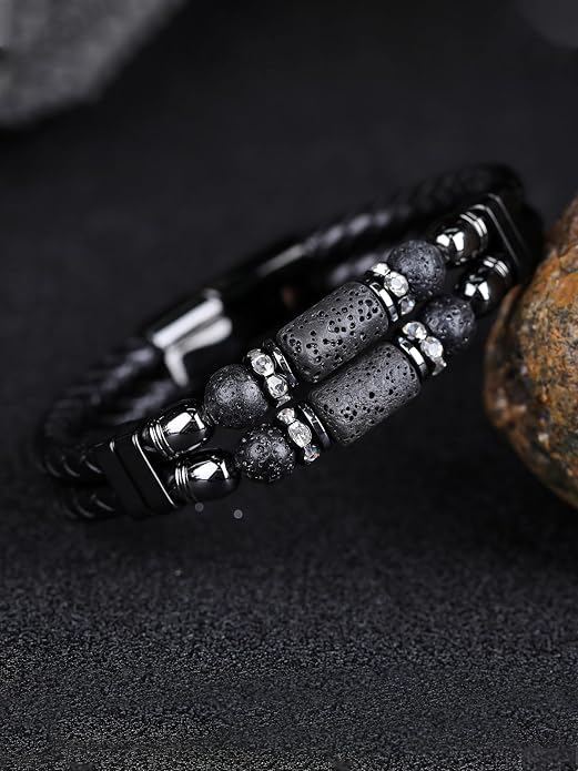 Mens Leather Turquoise/Tiger Eye/Obsidian/Lava Stone Bracelet–Braided Multi‑Layer Wristband Cuff Bangle Barcelet–Jewelry Box and Pouch Packing