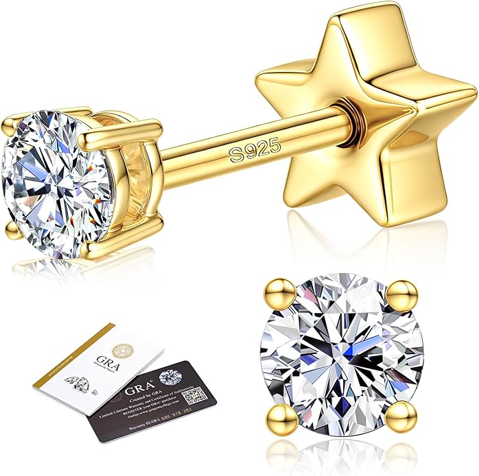 Moissanite Earrings Studs - 925 Sterling Silver Earrings for Women Men 14K Gold Plated Double Sided Star Flat Back Stud Earring Hypoallergenic Small Cartilage Helix Piercing Jewelry D Color VVS1