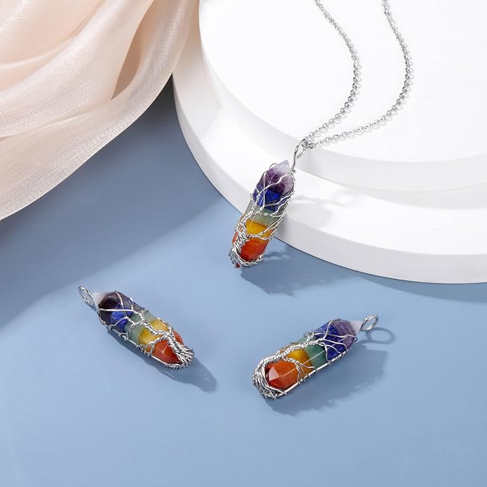 GEHECRST Healing Crystal Necklace Tree of Life Wire Wrapped Natural Quartz Crystal Stone Point Gemstone Pendant Necklace Jewelry for Women Christmas Birthday Gift