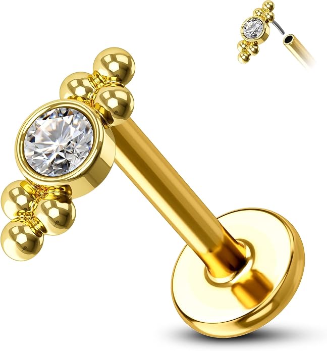 COCHARM 14K Solid Gold Cartilage Earring Stud 16g Yellow Gold Flat Back Helix Stud 14K Gold Push in Tragus Earring Stud Threadless Labret Stud Labret Rings
