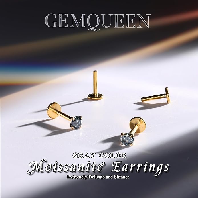 GEMQUEEN Moissanite Earrings G23 Titanium Extended Internal Thread Flat Back Earrings Hypoallergenic Tragus Cartilage Helix Conch Piercing Jewelry for Women Men 18G 6/8mm Post Gray/D Color 0.2-3CT