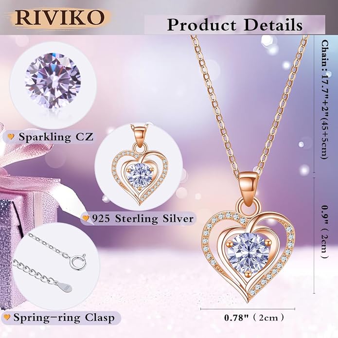 RIVIKO Heart Birthstone Pendant Necklace for Women 925 Sterling Silver Zirconia Necklaces Valentine's Day Anniversary Birthday Mothers Day Jewelry Gifts For Her Mother Wife