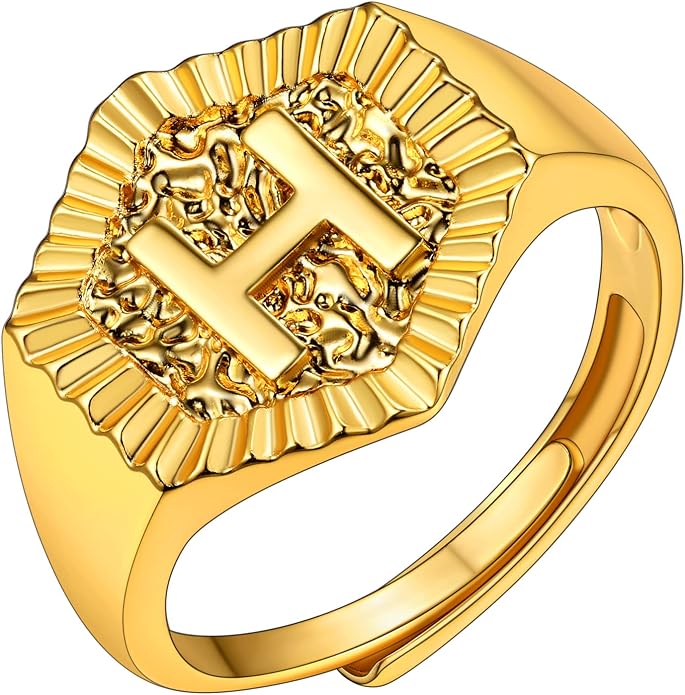 KeyStyle Bold Initial Letter Rings Adjustable, GoldChic Jewelry Women Gold Statement Ring Personalized Engraved Women’s Open Signet Ring for Party (Gold, White Gold, Black)