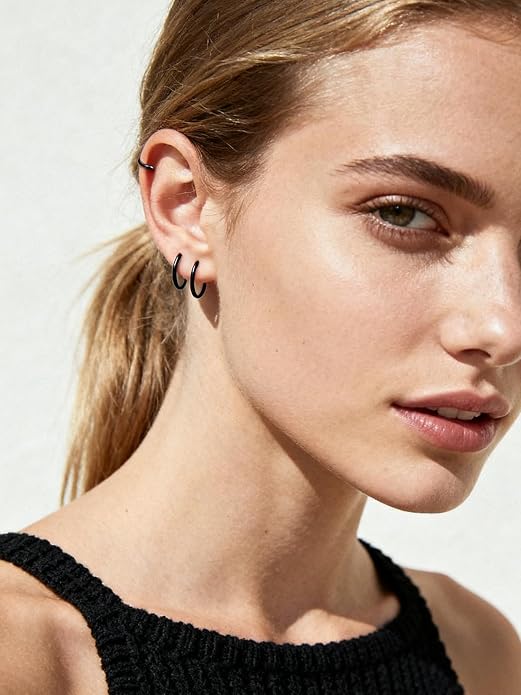 Silvora Sterling Silver Hoop Earrings for Women, Small Hoops 14K Gold Plated/925 Silver/Rose Gold/Black, Hypoallergenic Huggie Lightweight Cartilage Sleeper Earrings 8/10/12/14/16/18/20mm