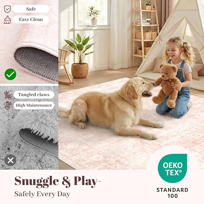 Homemate Washable Rug 10x12 Area Rugs - Vintage Faux Wool Rugs for Living Room Bedroom Dining Room - Non Slip Foldable Carpet Indoor Area Rug for Home Decor（10'x12', Pink