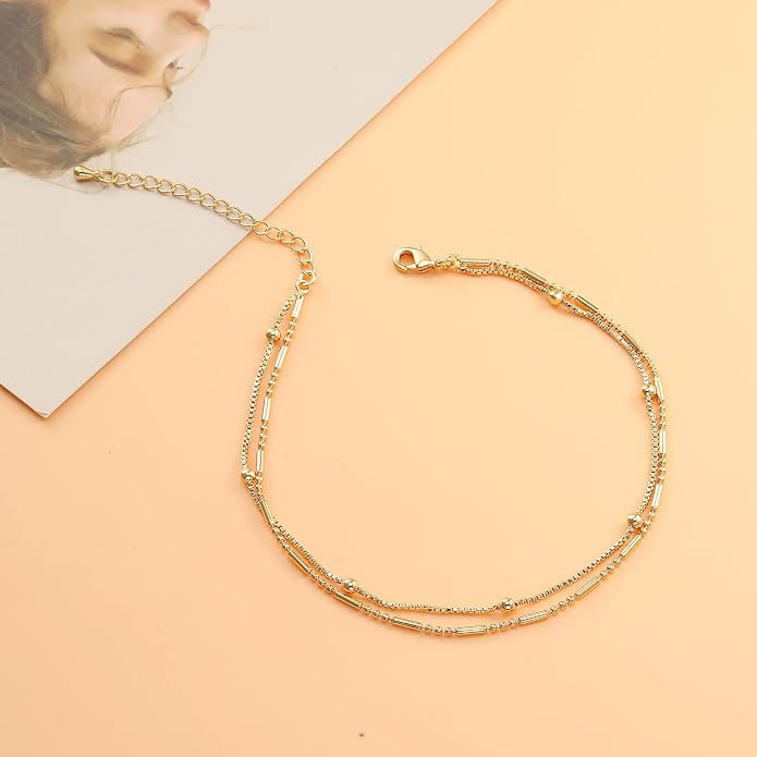 Pencros Dainty Layered Anklet,14K Gold Filled Cute Beads Satellite Chain Heart Boho Adjustable Anklets for Women