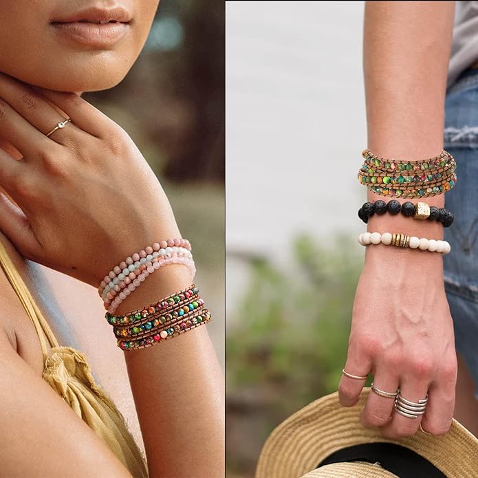 Plumiss Women Boho Handmade Natural Stone Crystal Leather Bead Wrap Bracelets Collection