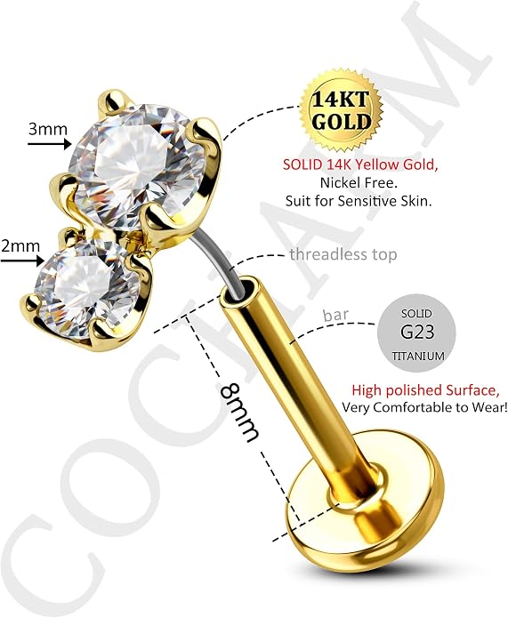 Cocharm 14K Gold Cartilage Earring 16g Real Gold Flat Back Helix Piercing Jewelry Push Pin Tragus Conch Stud for Women Men