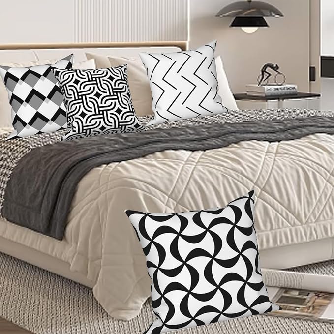 Black White Throw Pillow Cover 22"x22" Set of 4, Modern Art Irregular Geometric Stripes Patterns Cushion Cover for Sofa Chair Couch Bed Office Garden Patio Farmhouse Indoor Outdoor