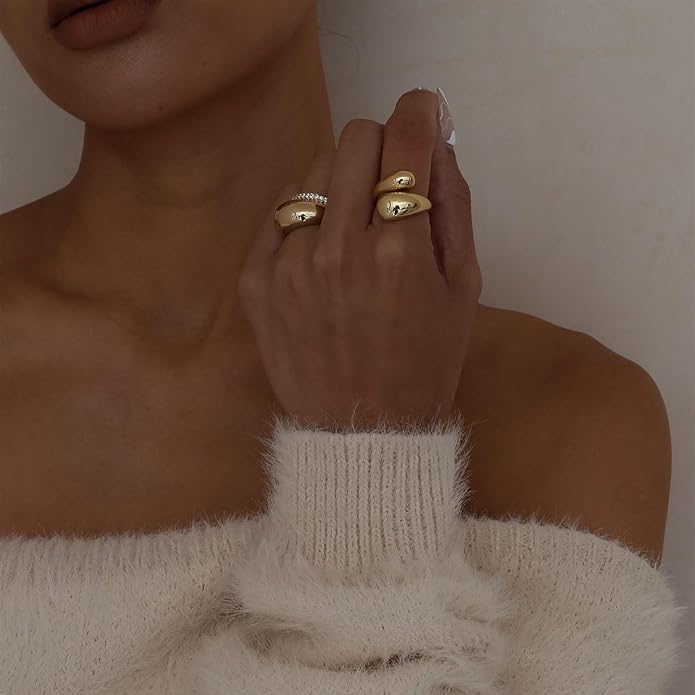 Kainier 14K Gold Chunky Rings for Women14K Gold Plated Dainty Radial Rings High Polish Statement Band Classic Double Twisted Ring Comfort Fit Size 5 to 10