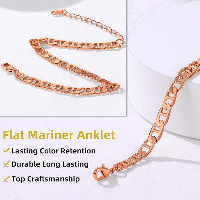 GoldChic Adjustbale Link Chain Anklet for Women Summer Jewelry, 316L Stainless Steel Figaro/Wheat/Twist Rope/Cuban Foot Bracelet-Waterproof, Resizable 9"-12" (Gift Box Included)