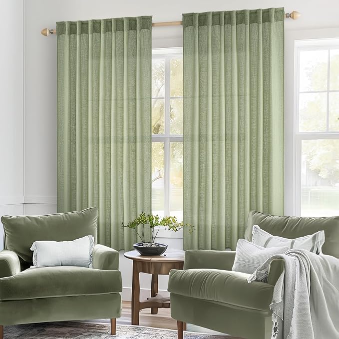 MIULEE Sage Green Linen Curtains 63 Inch Length 2 Panels for Bedroom Living Room, Soft Thick Linen Textured Kitchen Window Drapes Semi Sheer Light Filtering Back Tab Rod Pocket Burlap Look Decor