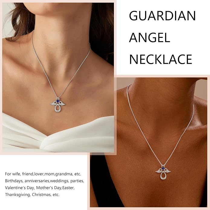 925 Sterling Silver Guardian Angel Pendant Necklace for Women with Birthstone Cubic Zirconia Little Angel Pendant Necklace Jewelry 18 inch Chain