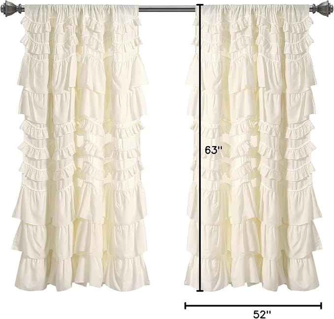 Lush Decor Kemmy Light Filtering Window Curtain Panel Single 52" W x 63" L Ivory - Drapes - Ruffled Curtains for Bedroom - Cream Curtains - Coquette Decor