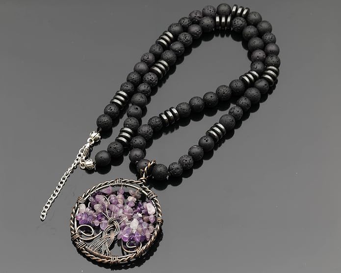 ElisaJewelryArt - Natural Labradorite Big Tree Of Life Black Lava Stone Beaded Necklace Genuine Gemstone Energy Stone Clasp Closure Necklace Unisex Necklace