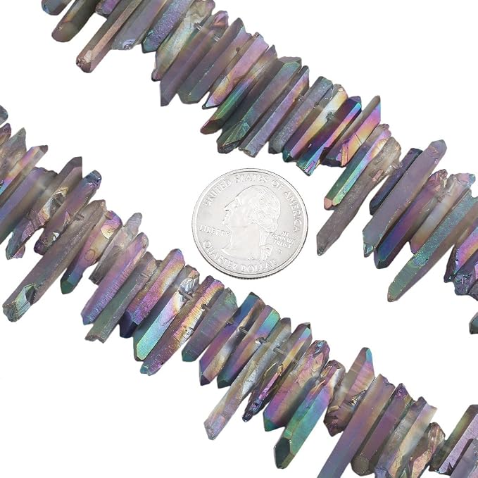 SUNYIK Transparent Green Titanium Coated Crystal Points Quartz Rough Sticks Spikes Point Beads 15 inch Strand Drilled