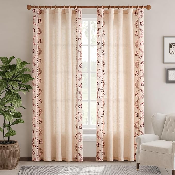 jinchan Floral Linen Curtains 84 Inch Back Tab 2 Panels Burgundy Red | Embroidered curtains,boho curtains,living room,bedroom,light filtering,privacy,flower patterned drapes,window treatment