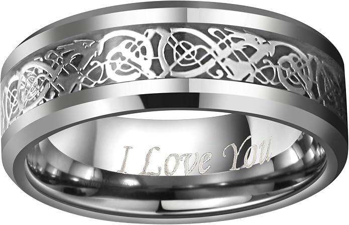 CROWNAL Black Dragon Men Black Tungsten Carbide Ring Wedding Band 6mm 8mm 10mm Red Carbon Fiber Black Celtic Dragon Inlay Engraved I Love You Size 7 to 17