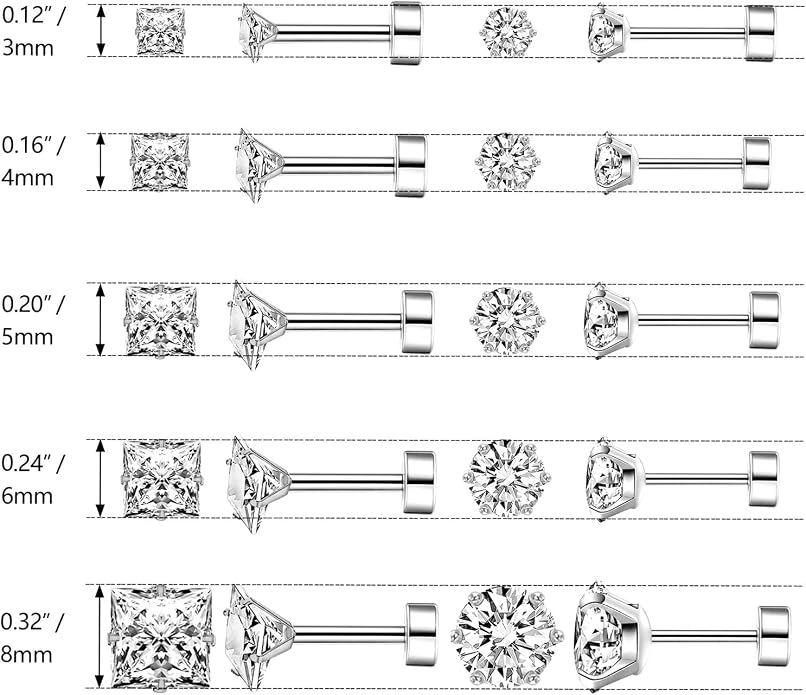 10 Pairs Stainless Steel Flat Back Stud Earrings Set for Women Hypoallergenic 316L Surgical Steel Cubic Zirconia Stud Earring Flatback Studs Earing for Men(10 Pairs)