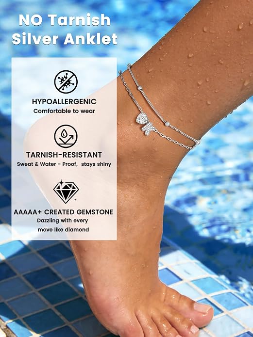 Bestyle Initial Anklet Bracelets for Women Waterproof Non Tarnish 14K Gold/White Gold Plated CZ Anklets for Women Dainty Layered Letter Heart Ankle Bracelets Adjustable Foot Chain Anklet