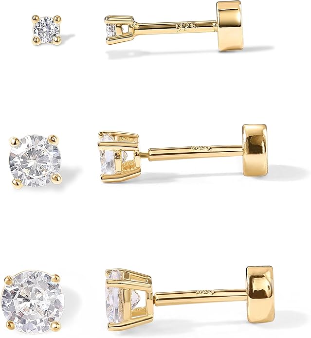 PAVOI 14K Gold Plated Solid 925 Sterling Silver Post Cubic Zirconia Stud Flat Back Earrings for Women | Cartilage Earring | Helix Piercing Jewelry | Small Stud Earrings for Women