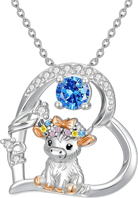 Highland Cow Gifts for Women 925 Sterling Silver Highland Cow Birthstone Necklace Fluffy Cow Jewelry Gifts Birthday Christmas