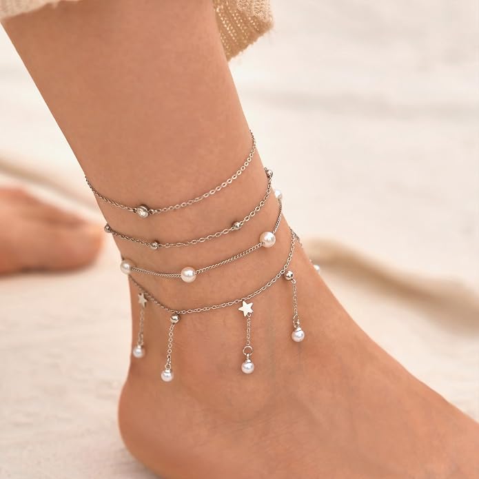 LOFITOR Ankle Bracelets for Women Glitter Waterproof Adjustable Anklet Set for Women 18K Gold Plated Silver Charm Dainty Layered Anklets, Summer Beach Anklet Jewelry for Women