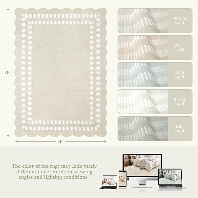 Washable 8x10 Area Rugs for Living Room, Solid Ivory Ultra-Thin Bedroom Rug Non-Slip Dining Room Rugs, Soft Scalloped Carpet for Nursery Kids Room Office